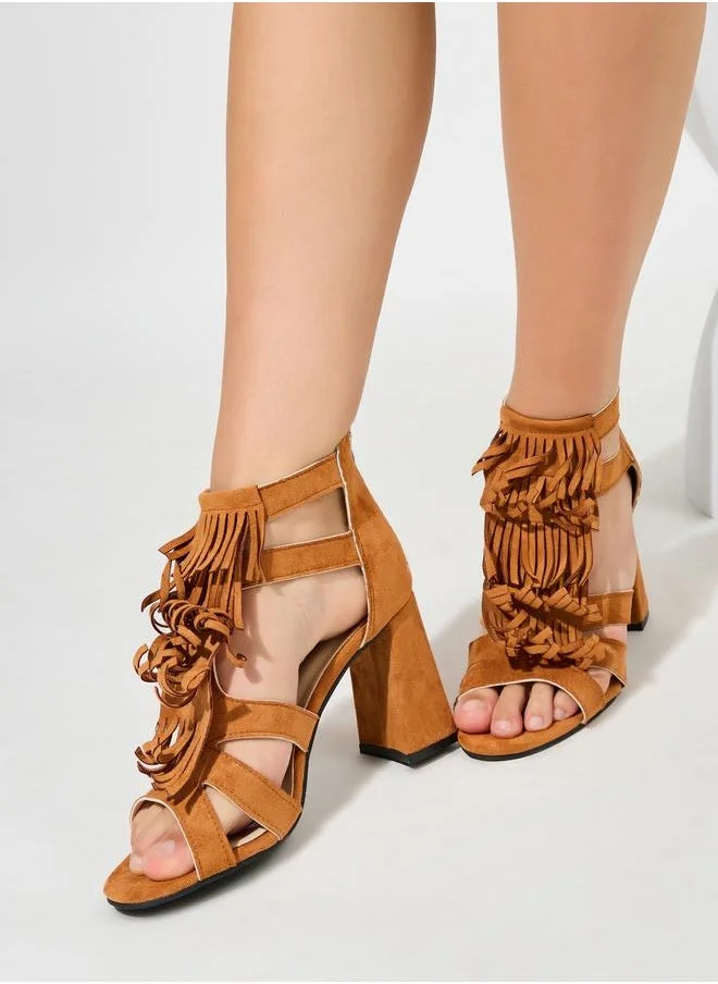 Styli Fringe Design Block Heel Sandals