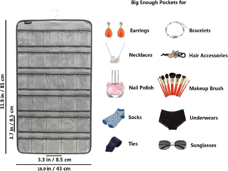 ANZORG Hanging Baby Shoes Organizer Baby Headband Holder Closet Organizer for Baby Bow Socks Underwear with 30 Clear Pockets (GREY) - Image 1