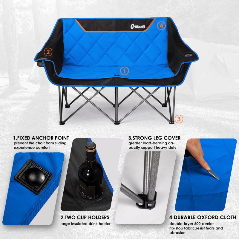 EMERIT Double Camping Chair Oversized Padded for Adults, Heavy Duty Folding Loveseat for Outdoor, Camping, Beach, Lawn, Concert 650LB - Image 2
