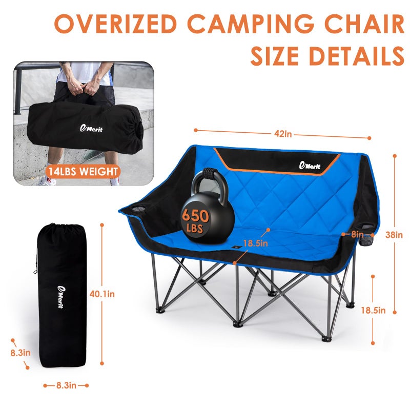 EMERIT Double Camping Chair Oversized Padded for Adults, Heavy Duty Folding Loveseat for Outdoor, Camping, Beach, Lawn, Concert 650LB - Image 4