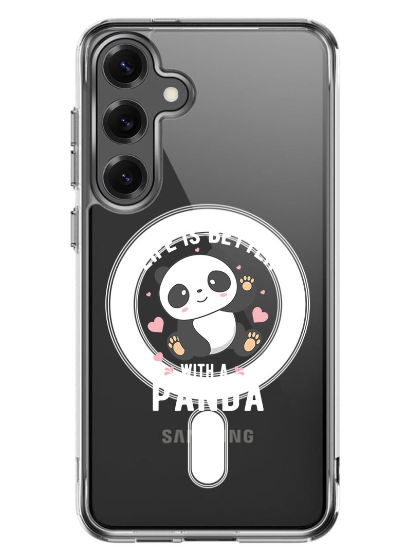 Theodor Magnetic Case for Samsung Galaxy S25 6.2-inch Compatible with MagSafe Wireless Charging, Shockproof Phone Bumper Cover Life is better with panda - White - Image 1