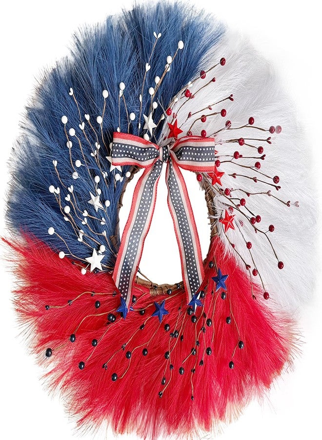 TEMPUS 30 Inch Patriotic Wreath for Front Door, Artificial Pampas Grass Reeds Wreath with Red White Blue Berries and Metal Stars, 4th of July Memorial Day Decor - Image 1