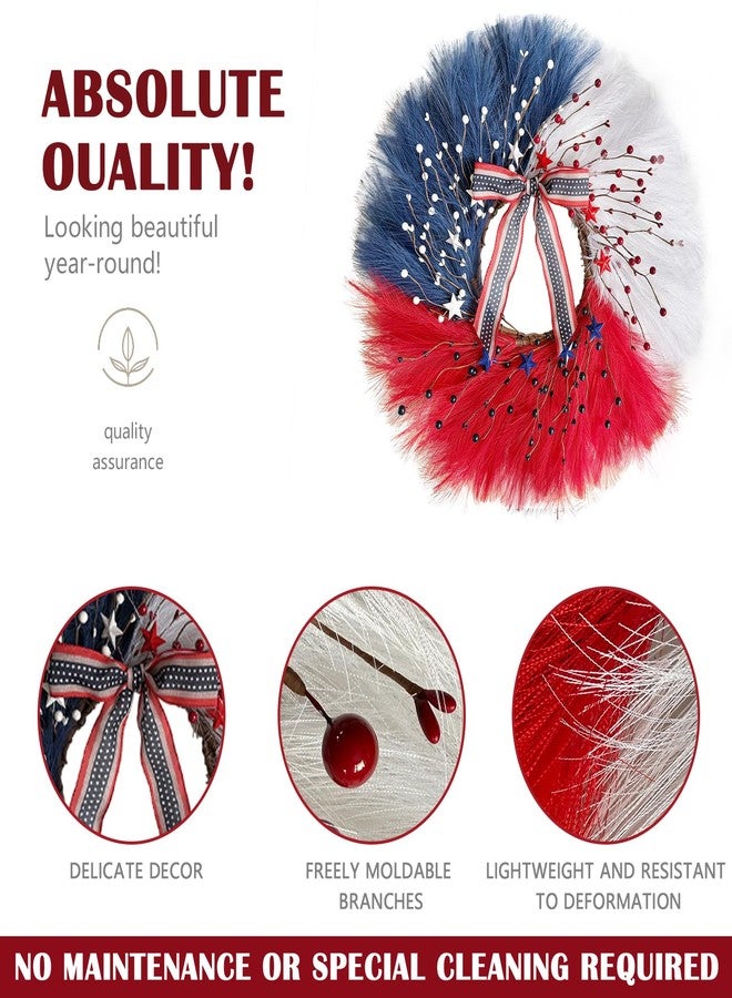 TEMPUS 30 Inch Patriotic Wreath for Front Door, Artificial Pampas Grass Reeds Wreath with Red White Blue Berries and Metal Stars, 4th of July Memorial Day Decor - Image 3