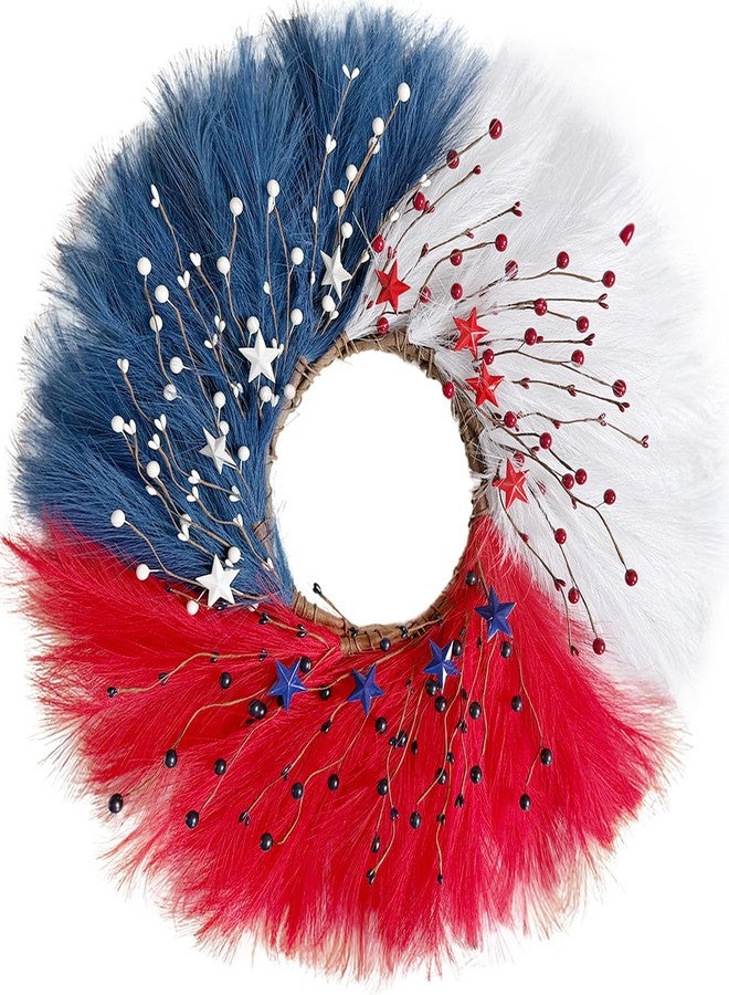 TEMPUS 30 Inch Patriotic Wreath for Front Door, Artificial Pampas Grass Reeds Wreath with Red White Blue Berries and Metal Stars, 4th of July Memorial Day Decor - Image 5