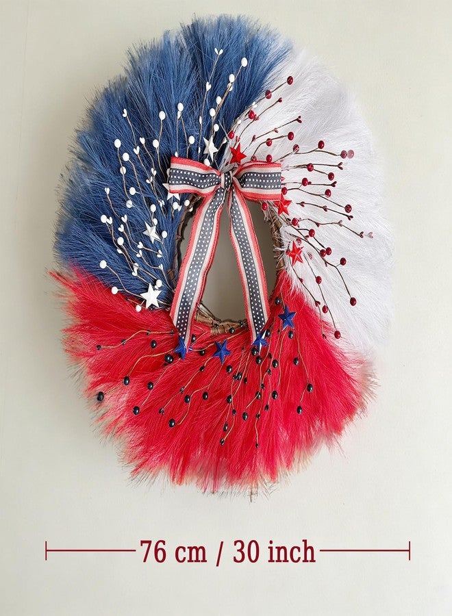 TEMPUS 30 Inch Patriotic Wreath for Front Door, Artificial Pampas Grass Reeds Wreath with Red White Blue Berries and Metal Stars, 4th of July Memorial Day Decor - Image 2