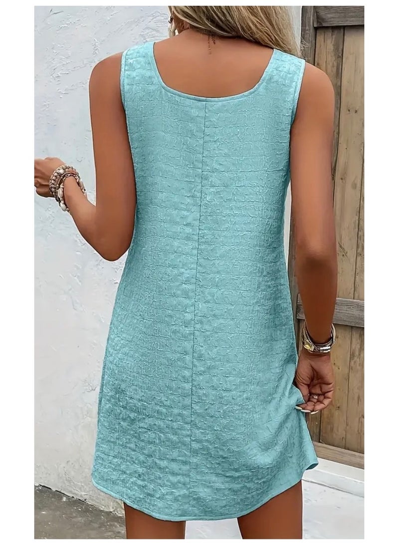 SOLOBUY Loose Mini Tank Dress, Sleeveless Casual Dress, Collor Turquoise - Image 2