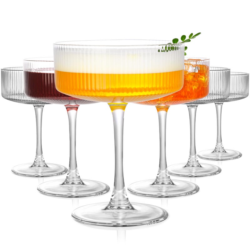 Amyoole Vintage Ribbed Coupe Glasses Set of 6-11oz Clear 100% Crystal Martini Glasses Elegant Cocktail Glasses, Transparent Glassware for Champagne, Margaritas, Espresso with a Rose Ice Mold - Image 1