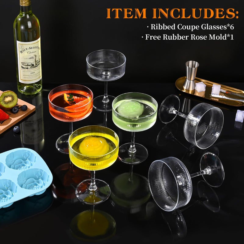 Amyoole Vintage Ribbed Coupe Glasses Set of 6-11oz Clear 100% Crystal Martini Glasses Elegant Cocktail Glasses, Transparent Glassware for Champagne, Margaritas, Espresso with a Rose Ice Mold - Image 4