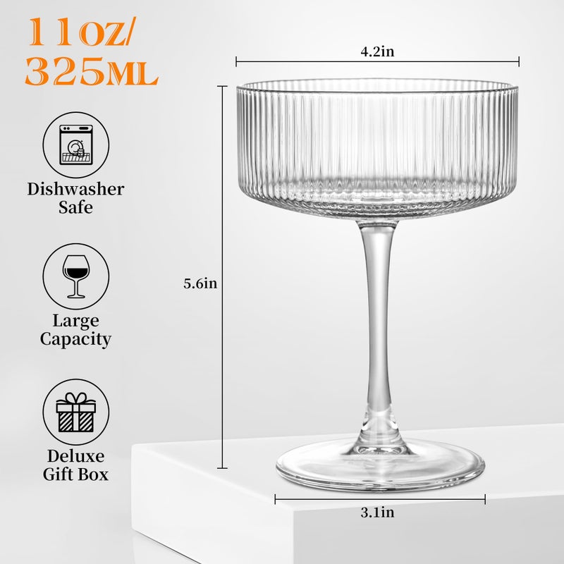 Amyoole Vintage Ribbed Coupe Glasses Set of 6-11oz Clear 100% Crystal Martini Glasses Elegant Cocktail Glasses, Transparent Glassware for Champagne, Margaritas, Espresso with a Rose Ice Mold - Image 2