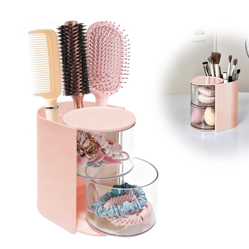 Wiojtry Hair Brush Holder & Hair Accessory Organizer, 2-Layer Clear Hair Accessories Organizer Rotatable Small Jewelry Box for Clip Earring Necklaces, The Latest Gift for A Girl. (pink, "Trumpet") Hair Caddy - Image 1
