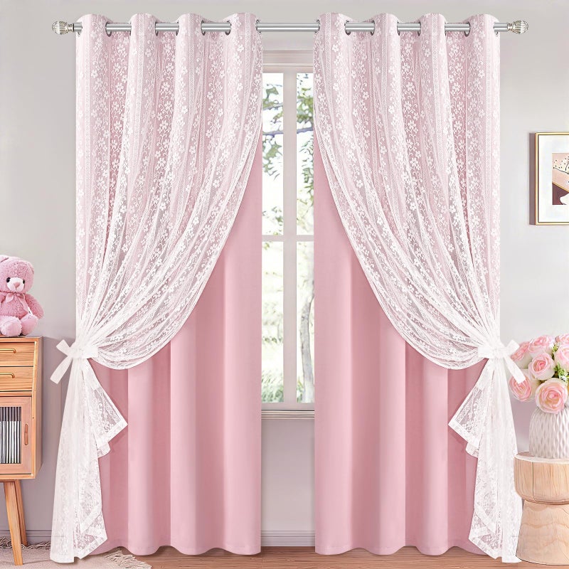 ASPMIZ Pink Blackout Curtains for Bedroom 84 inch Long, Double Layer Pink Curtains for Girls Room Light Blocking Grommet Drapes with Lace Overlay, Thermal Insulated Window Curtain Set of 2, 52x84 - Image 1