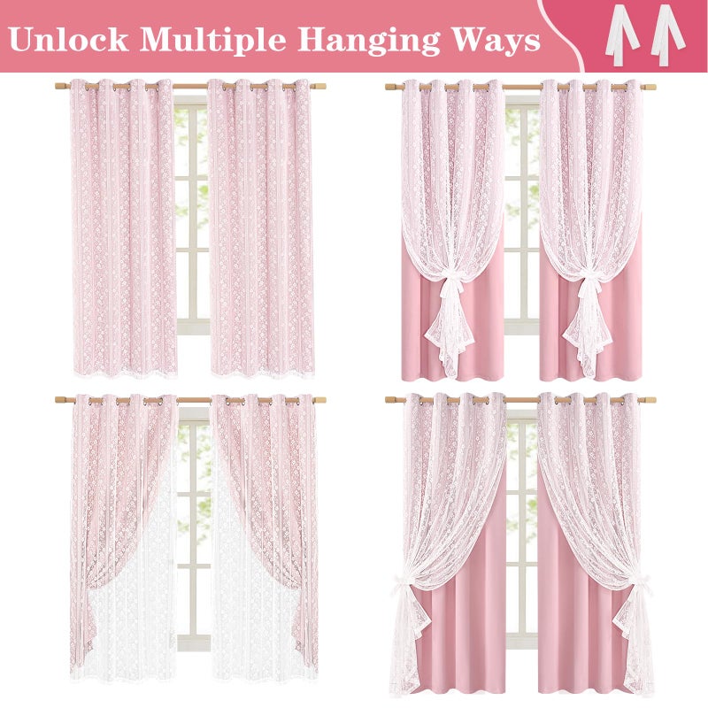 ASPMIZ Pink Blackout Curtains for Bedroom 84 inch Long, Double Layer Pink Curtains for Girls Room Light Blocking Grommet Drapes with Lace Overlay, Thermal Insulated Window Curtain Set of 2, 52x84 - Image 4