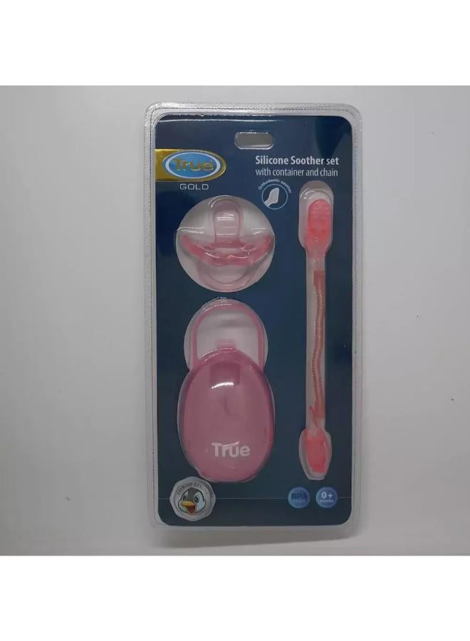 True Gold Silicone Pacifier Set – Pink (Silicone Soother, Chain & Case)