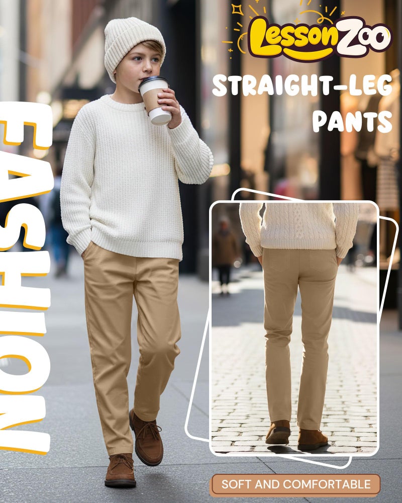 LessonZoo 3 Pack Boys' School Uniform Pants 6-14Y Elastic Waist Stretch Youth Trousers with Pockets Straight Fit for Kids(10-11 Years,Khaki, Khaki, Khaki) - Image 3