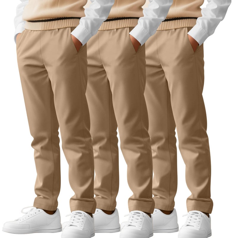 LessonZoo 3 Pack Boys' School Uniform Pants 6-14Y Elastic Waist Stretch Youth Trousers with Pockets Straight Fit for Kids(10-11 Years,Khaki, Khaki, Khaki) - Image 1