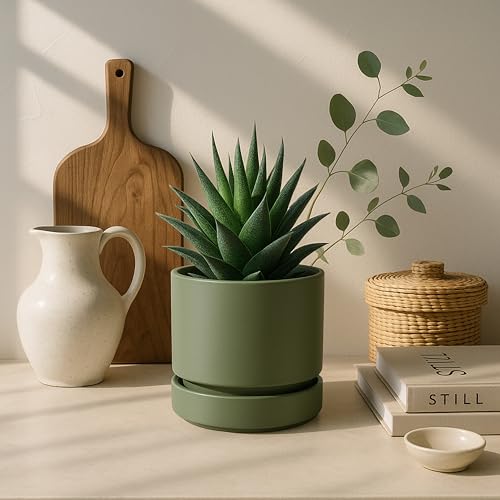 Phoenix Vine 4 Inch Planter Pot with Drainage Hole & Saucer, Deep Water Catch Tray, Straight Cylindrical Round Pot for Plants, Olive, Pack of 1, 23-D-R-1 - Image 2