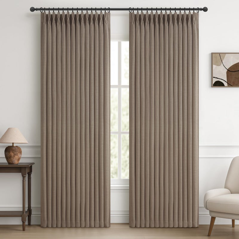 PleatedDrapes Extra Wide 70 Inch Natural Linen Blackout Bedroom Curtains 90 Inches Long 2 Panels Set, Memory Trained Pinch Pleated Thermal Curtain Room Darkening Soundproof Farmhouse Dual Layer Windows Drapes Burg - Image 1