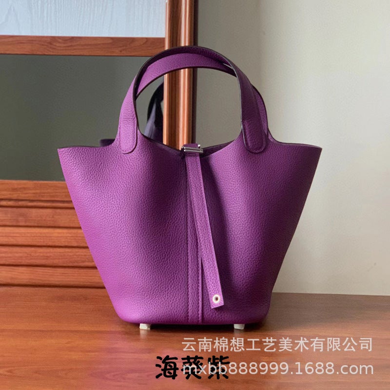 Women'S Basket Bag Trendy Fashion Handbag With Lychee Pattern Korean Style Soft Leather Small Bucket Bag For Women Crossbody - Image 1