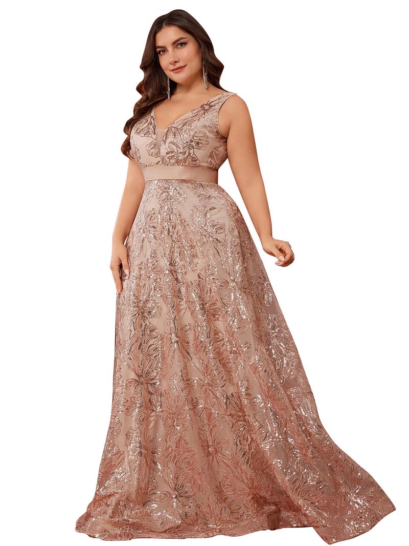 XUIBOL Plus Size Sleeveless Glitter Sequined Womens Long Formal Gown Aline Wedding Guest Dress Floor Length Evening Dresses Champagne 2XL - Image 3