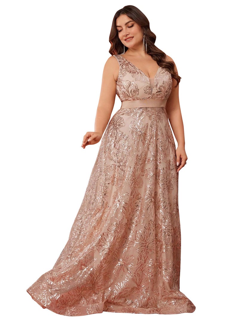 XUIBOL Plus Size Sleeveless Glitter Sequined Womens Long Formal Gown Aline Wedding Guest Dress Floor Length Evening Dresses Champagne 2XL - Image 5