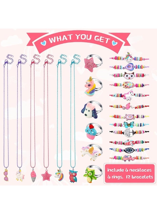 Sureio 24 قطعة مجموعة مجوهرات للبنات الصغيرات قلادة يونيكورن للأطفال سوار منسوج حلقة للبنات للعب دور في حفلات التنكر (أسلوب حيوي) - Image 1