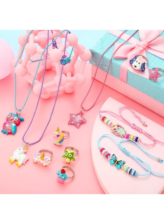Sureio 24 قطعة مجموعة مجوهرات للبنات الصغيرات قلادة يونيكورن للأطفال سوار منسوج حلقة للبنات للعب دور في حفلات التنكر (أسلوب حيوي) - Image 3