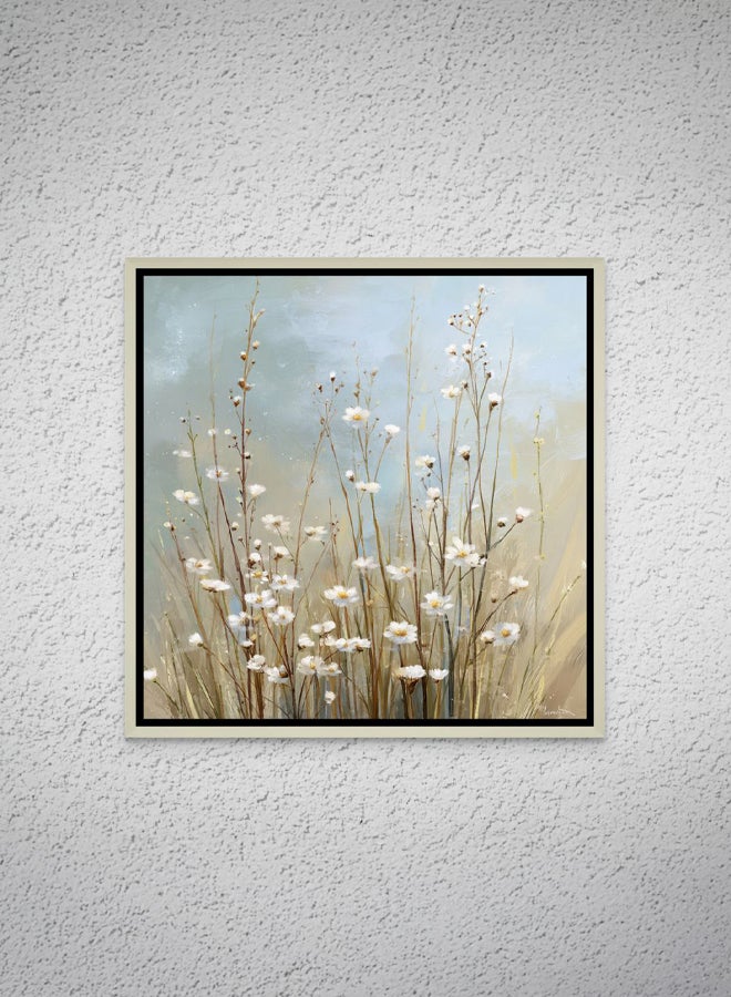 Art Decor Framed Canvas Square Print of White Wildflowers Modern Abstract Floral Botanical Artwork Wall Décor for Living Room Bedroom Office Home Décor - Image 1