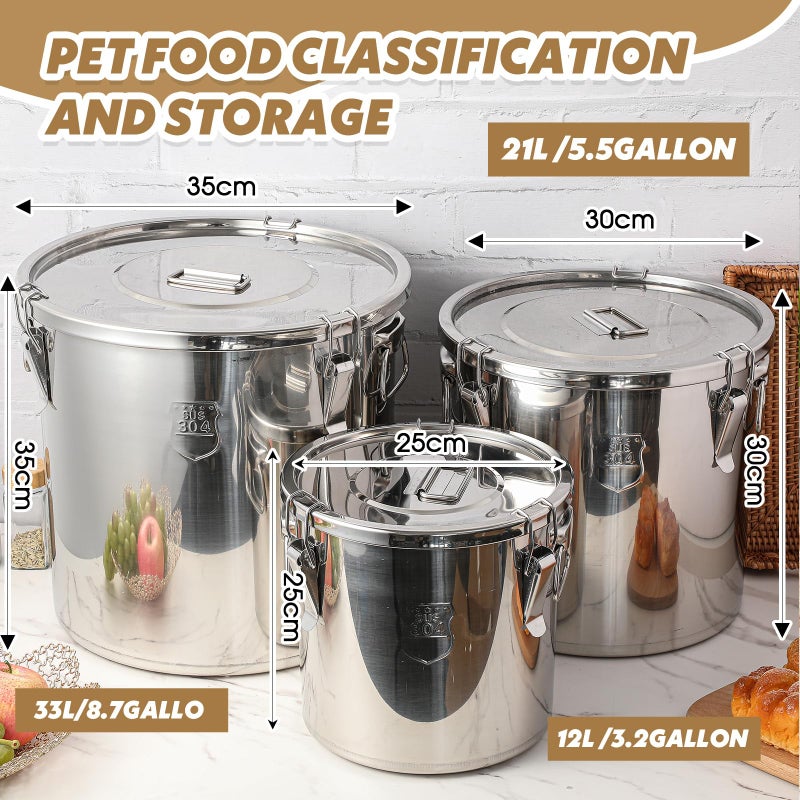 Suclain 3 Pack 12L/21L/33L Stainless Steel Airtight Canister with Locking Clamp Metal Sealed Food Storage Containers for Flour Rice Cereal Grain Coffee Bean and Pet Food - Image 2