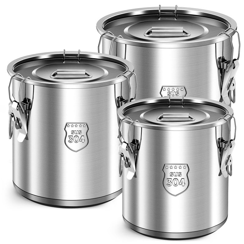 Suclain 3 Pack 12L/21L/33L Stainless Steel Airtight Canister with Locking Clamp Metal Sealed Food Storage Containers for Flour Rice Cereal Grain Coffee Bean and Pet Food - Image 1