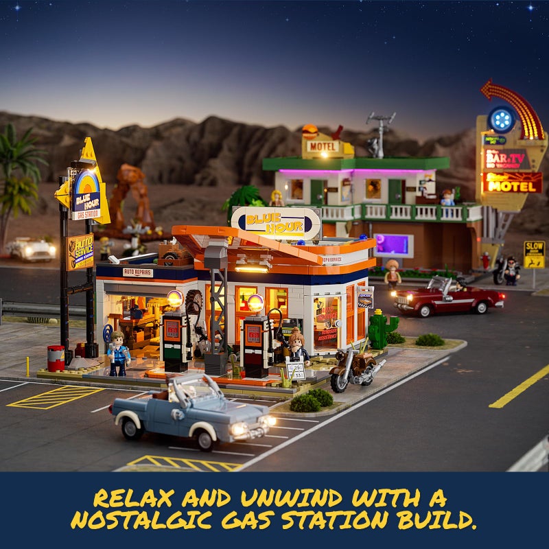 FUNWHOLE City Gas-Station Lighting-Building-Bricks Set - Road Trip Modular Car Service Station Collection LED Light Building Set 1608 Pcs for Adults, Teen and Travelling Enthusiasts - Image 4