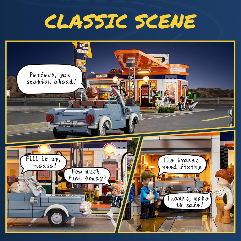 FUNWHOLE City Gas-Station Lighting-Building-Bricks Set - Road Trip Modular Car Service Station Collection LED Light Building Set 1608 Pcs for Adults, Teen and Travelling Enthusiasts - Image 3