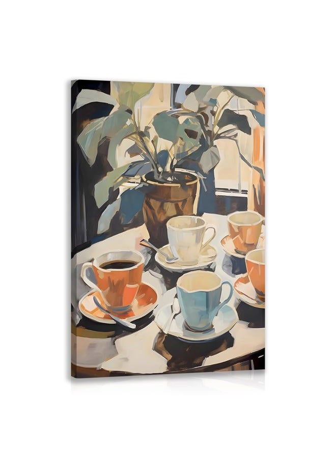 Cyebmo Framed Retro Coffee Wall Art, Coffee Cup Plant Wall Decor, Watercolor Cafe Canvas Painting, Minimalist Vintage Travel Food Poster Print for Home Office Cafe Bar Living Room 12x16 Inch - Image 1