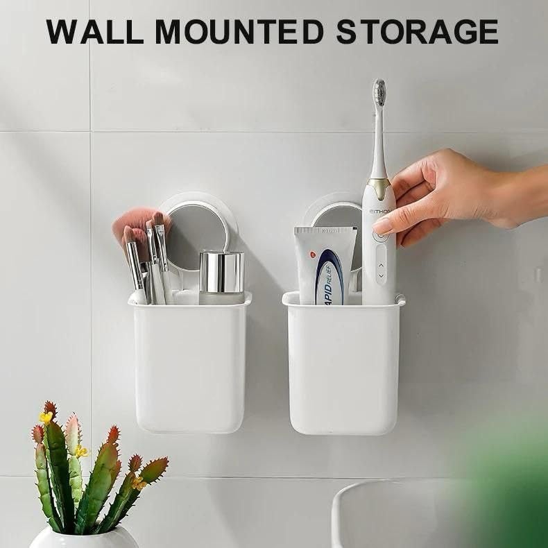 Generic Wall Mounted Bathroom Toothbrush Holder with Mirror, White Plastic Storage Caddy  - Image 4