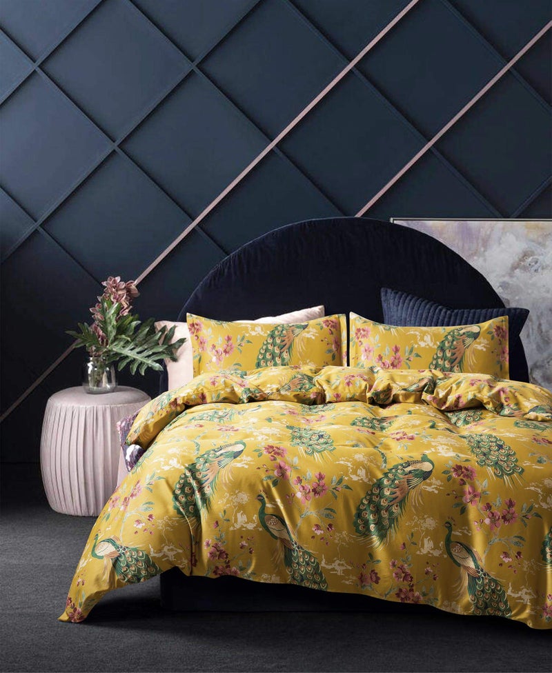 Eikei Chinoiserie Chic Peacock Floral Duvet Cover Paradise Garden Botanical Bird and Tree Branches Vintage Stylized Long Staple Cotton Bedding Set King Citrine