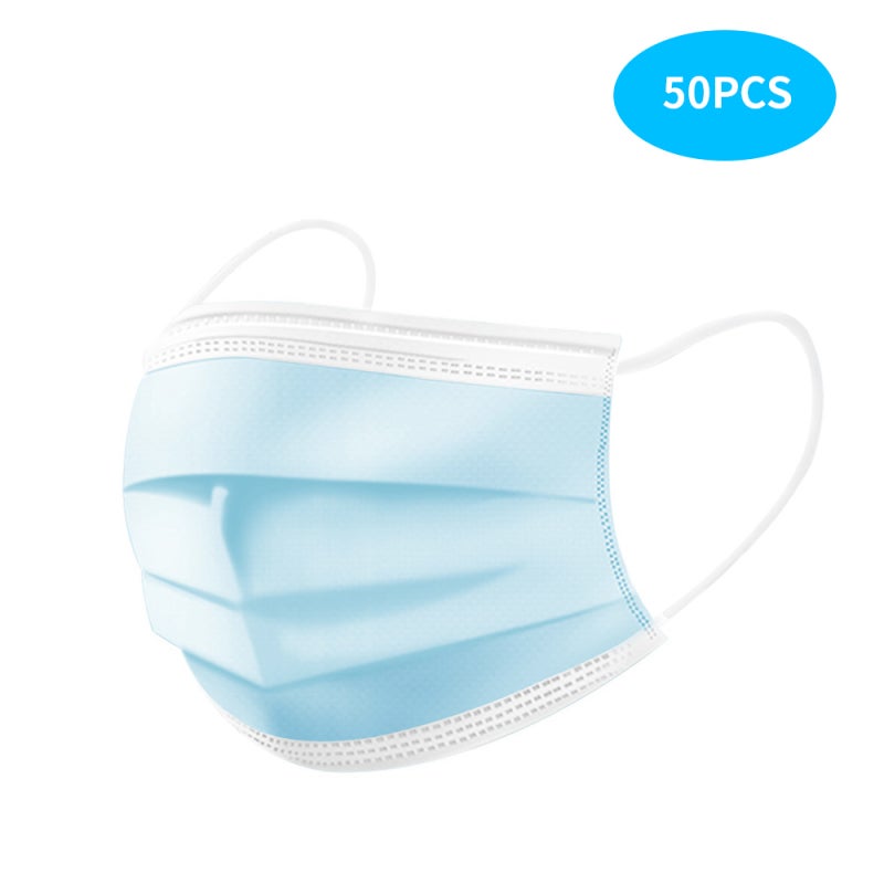 Face Mask: 50pcs Blue 3-Layer High Efficiency Filter System - Skin-Friendly Breathable Mask With Adjustable Nose Bridge Strip Elastic Ear Loop for Family Daily Protection Anti Pollution Dust Pollen - Image 1