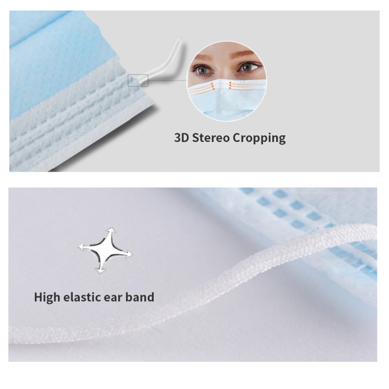 Face Mask: 50pcs Blue 3-Layer High Efficiency Filter System - Skin-Friendly Breathable Mask With Adjustable Nose Bridge Strip Elastic Ear Loop for Family Daily Protection Anti Pollution Dust Pollen - Image 3