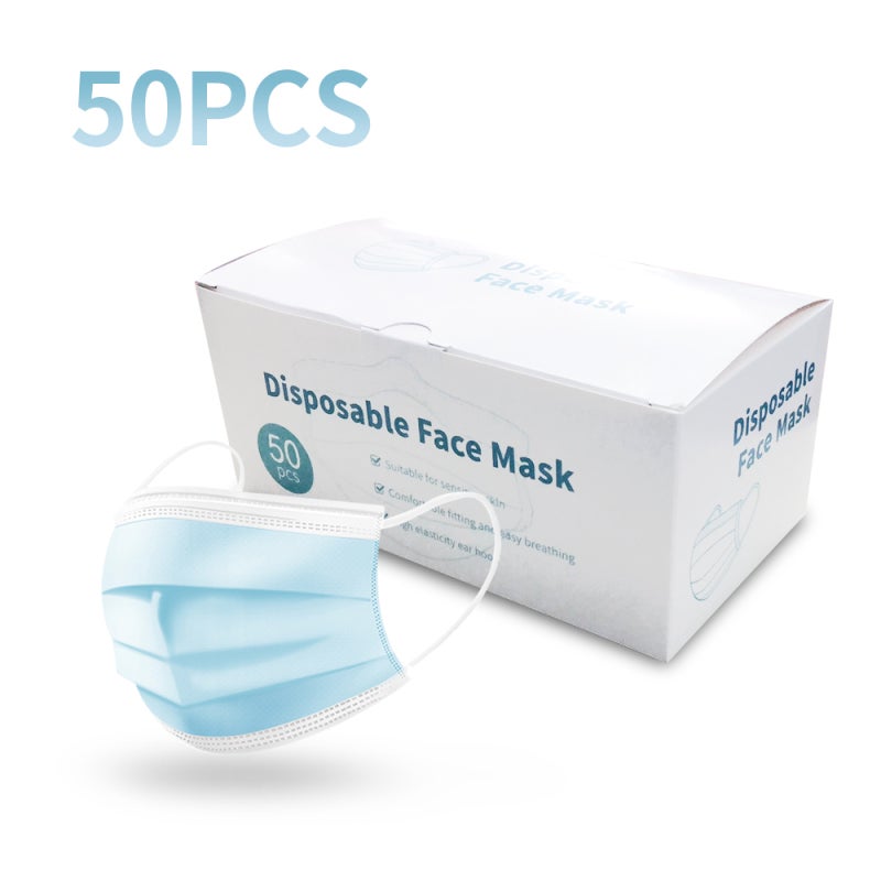 Face Mask: 50pcs Blue 3-Layer High Efficiency Filter System - Skin-Friendly Breathable Mask With Adjustable Nose Bridge Strip Elastic Ear Loop for Family Daily Protection Anti Pollution Dust Pollen - Image 4