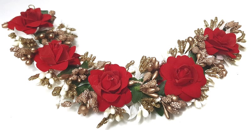 ANVIK Fancy Party Bridal Wedding Fabric/artificial Rose Flower Bun Juda Hair Gajra for Women Bride Floral Flower Hair Accessory for women Veni for hair (Red Colour) - Image 1