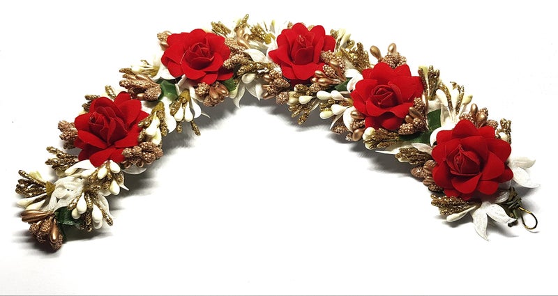 ANVIK Fancy Party Bridal Wedding Fabric/artificial Rose Flower Bun Juda Hair Gajra for Women Bride Floral Flower Hair Accessory for women Veni for hair (Red Colour) - Image 2