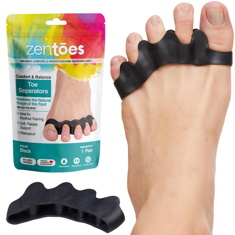ZenToes Silicone Toe Spacers and Separators for Correct Toe Alignment Bunion Relief Hammertoe Straightener Gel Orthopedic Corrector 1 Pair Black - Image 3