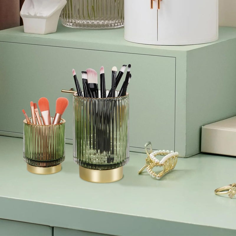 Fvstar Green Makeup Brush Holder For Vanity  Glass Makeup Organizer Cup  Gold Toothbrush Holders  Pen Holder For Desktop  Vintage Brushes Storage Organizer For Paint Brush  Pen  Pencil  Eyeliner - Image 5
