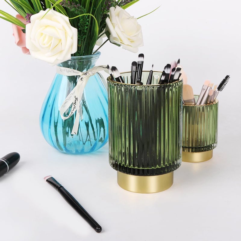 Fvstar Green Makeup Brush Holder For Vanity  Glass Makeup Organizer Cup  Gold Toothbrush Holders  Pen Holder For Desktop  Vintage Brushes Storage Organizer For Paint Brush  Pen  Pencil  Eyeliner - Image 3