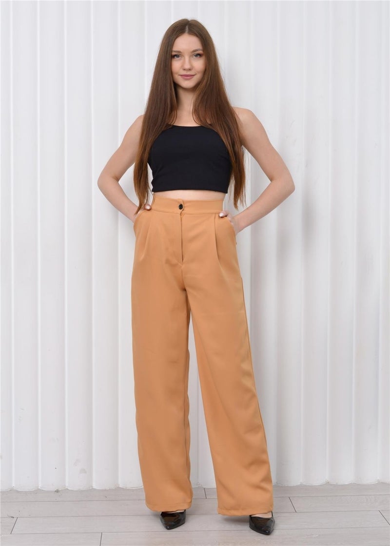 Nuseel Women High Waist Palazzo Pants Camel  - Image 3