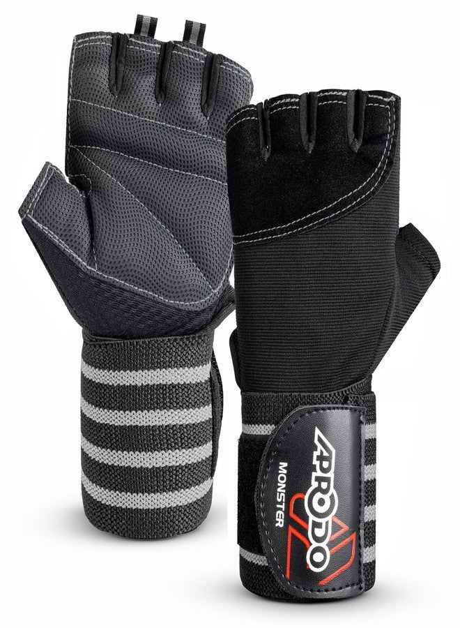 Aprodo Monster Weightlifting Fitness Gym Gloves for Palm and Wrist Protection, 3 Inch Wide Wrist Support, for Men and Women, Free Size (Black Grey, Free Size) - Image 1