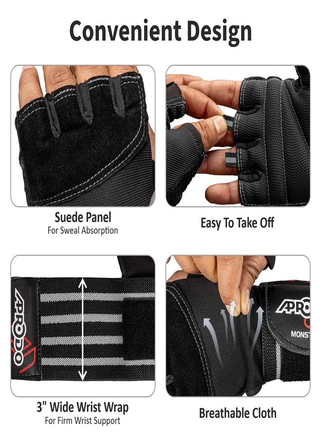 Aprodo Monster Weightlifting Fitness Gym Gloves for Palm and Wrist Protection, 3 Inch Wide Wrist Support, for Men and Women, Free Size (Black Grey, Free Size) - Image 4