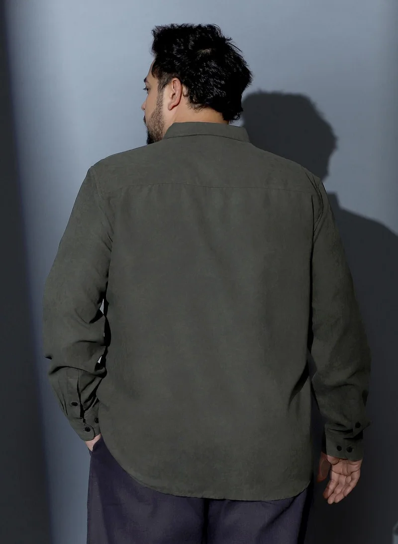 Instafab Plus  Instafab Plus Men Mono-Fluid Imprint Shirt | Spread Collar , Long Cuffed Sleeves | Button Closure , Curved Hem | Abstract Print Plain Material | Woven Fabric For Casual & Office Wear | Seaweed Green for Men | Best Price UAE