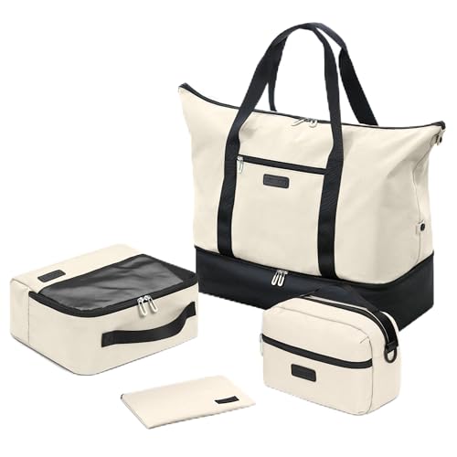 Oeihuivt Weekender Bags for Women with 3 Extra Pack 21 Inch Large Travel Duffel Bag Set with Shoe Compartment HeavyDuty nylon Carry On Overnight Tote BlackBeige - Image 1