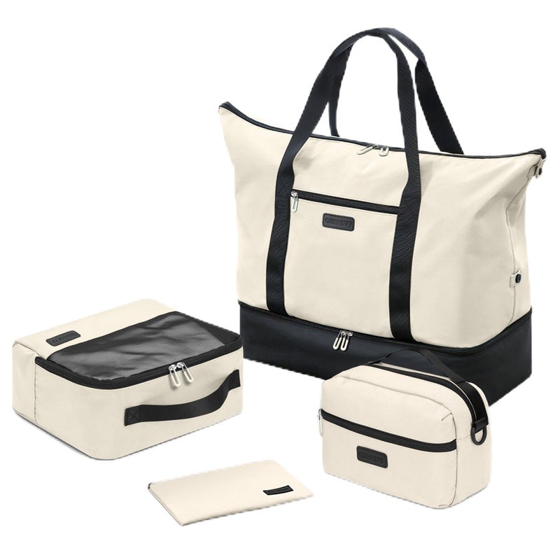 Oeihuivt Weekender Bags for Women with 3 Extra Pack 21 Inch Large Travel Duffel Bag Set with Shoe Compartment HeavyDuty nylon Carry On Overnight Tote BlackBeige - Image 2