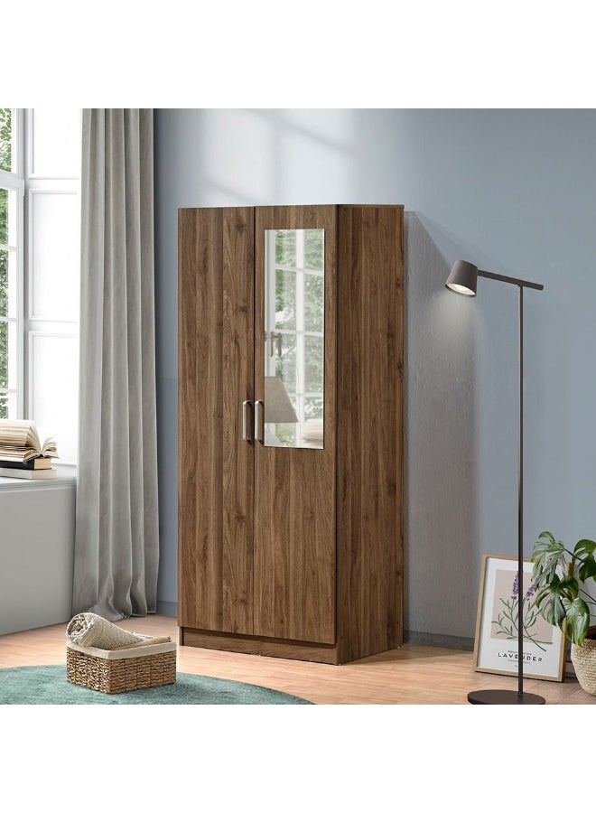 DANUBE HOME Supreme 2-Door Wardrobe with Mirror – Light Walnut Finish – Modern Wooden Wardrobe with Hanging Rod & Shelves – Spacious Bedroom Storage Cabinet - Image 1