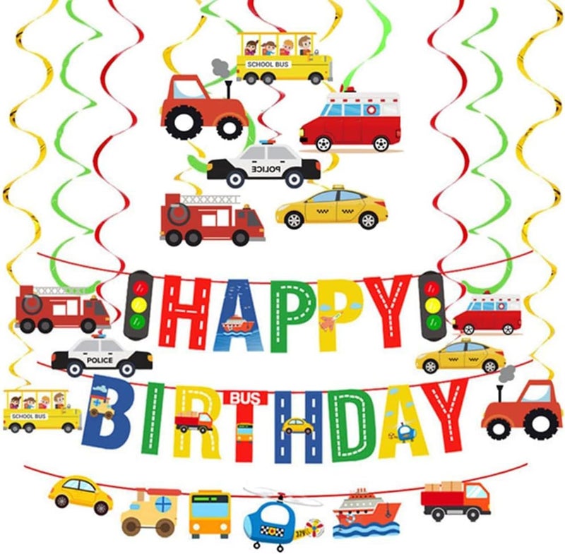 Excefore Transportation Birthday Party Decorations Set Traffic Light Happy Birthday Photo Props Banner Flags with Car Bus Train Plane Ship Transport Theme Spiral Hanging Decoration Supplies - Image 1